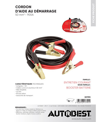 Câbles de démarrage 50mm2 lg 5m pinces laiton