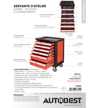 Servante pro 6 tiroirs complète 170 outils