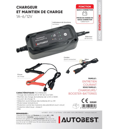 Chargeur et maintien de charge auto 6/12v 1a