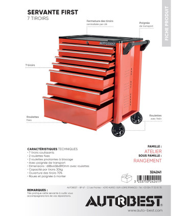 Servante atelier à roulettes acier 7 tiroirs