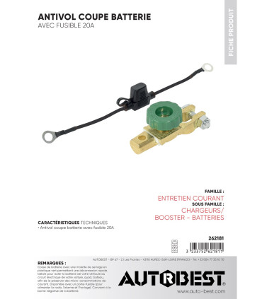 Coupe batterie antivol avec fusible 20A 12/24V