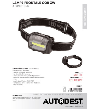 Lampe frontale LED COB 100lm