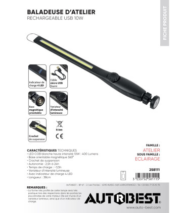 Baladeuse d'atelier USB 10 watts 400 lumens