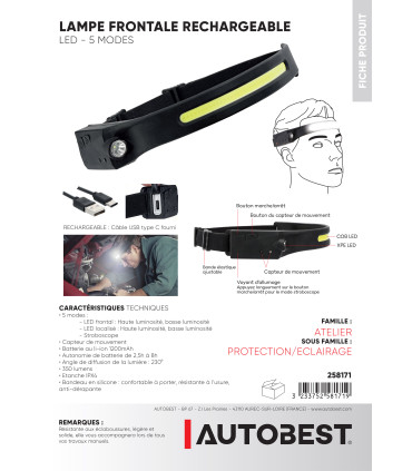 Lampe frontale LED rechargeable éclairage 230 degrés 350 lumens