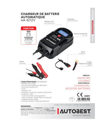 Chargeur de batterie Automatique 4A - 6V / 12V